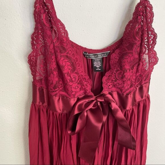 Victoria's Secret Burgundy Pleated Bow Babydoll Flyaway Lace Slip Vintage Dress - Picture 12 of 13